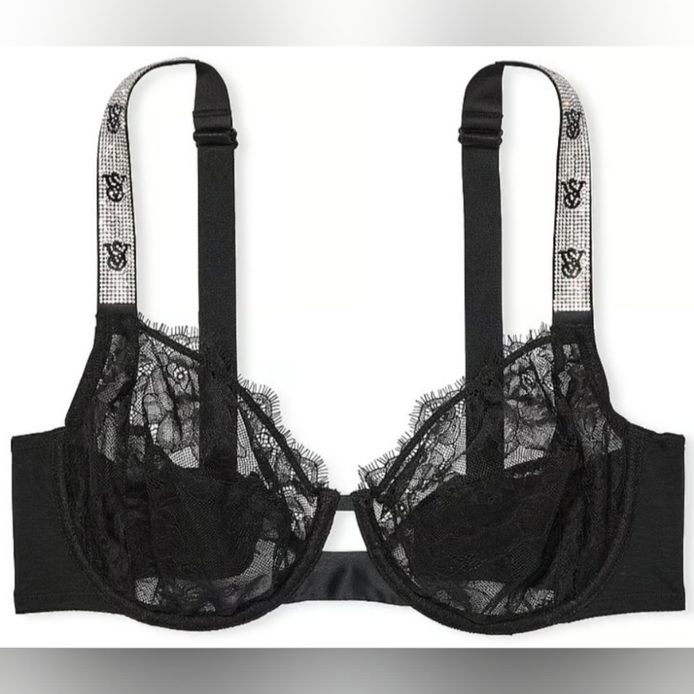 40C 38DD VS Fabulous Unlined Shine Strap Rose Lace Full Cup Bra Black